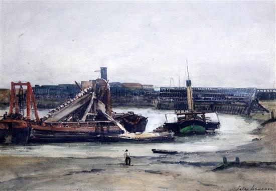 Jules Lessore (1849-1892) Steam dredger and the paddle tug Mistletoe, Kingston Beach, Shoreham Harbour, c.1880 13.5 x 19in.